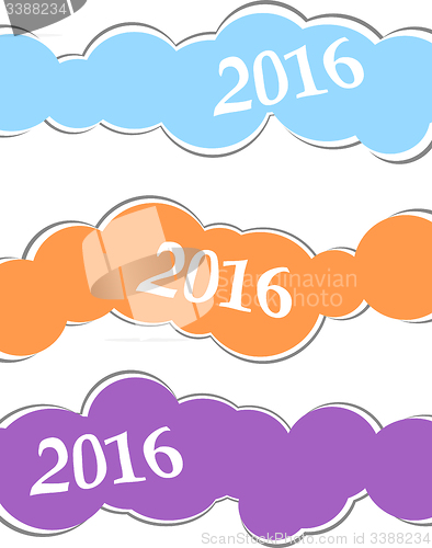 Image of 2016 Happy New Year greeting card or background, christmas stickers set isolated on white background