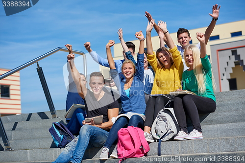 Image of students outside sitting on steps