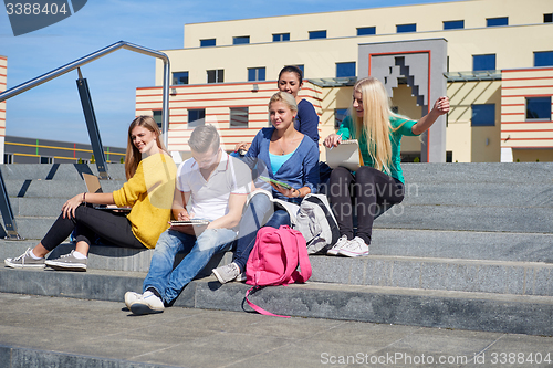 Image of students outside sitting on steps