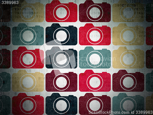 Image of Travel concept: Photo Camera icons on Digital Paper background