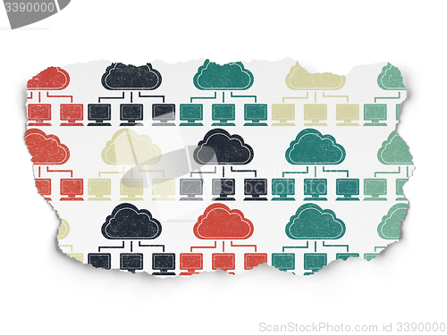 Image of Cloud technology concept: Cloud Network icons on Torn Paper background