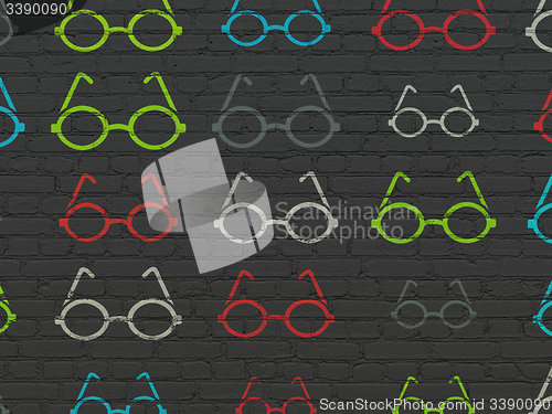 Image of Science concept: Glasses icons on wall background