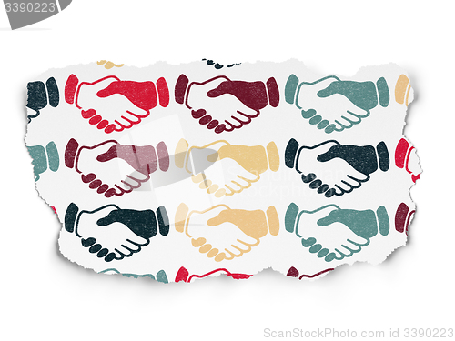 Image of Political concept: Handshake icons on Torn Paper background