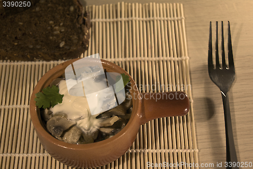 Image of closeup of mushroom stew, with sour cream