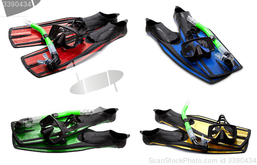 Image of Set of multicolor swim fins, mask and snorkel for diving