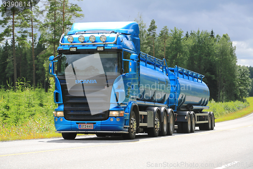 Image of Blue Scania R500 Tank Truck on the Road 