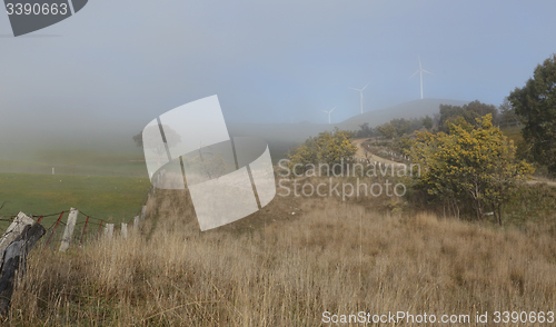 Image of Foggy winter rural landscape and Carcoar Blayney Wind Farm