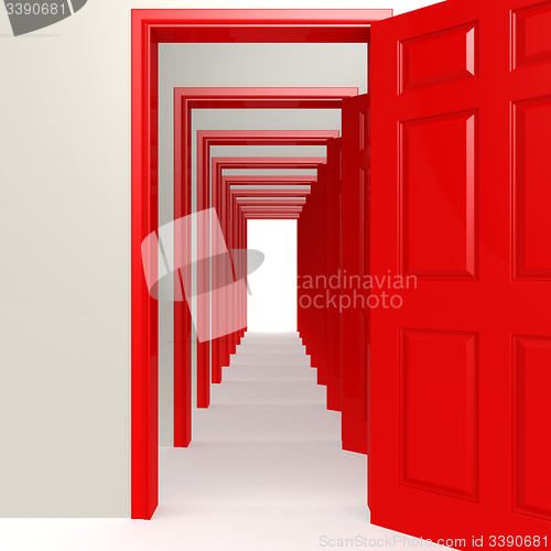 Image of Multiple red doors in a row