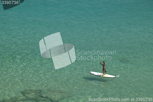 Image of Stand-up paddle in a crystalline sea beach in Fernando de Noronha,Brazil