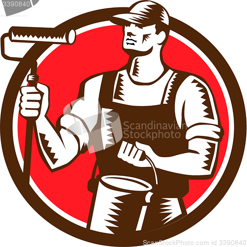 Image of House Painter Holding Paint Roller Circle Woodcut