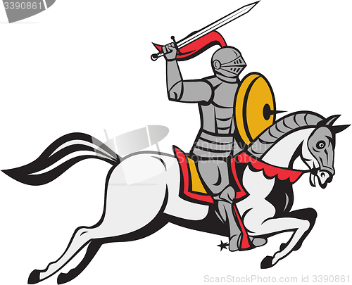 Image of Knight Sword Shield Steed Attacking Cartoon