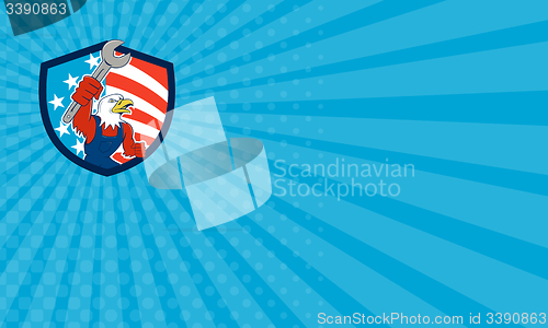 Image of Business card American Bald Eagle Mechanic Spanner USA Flag Shield Cartoon