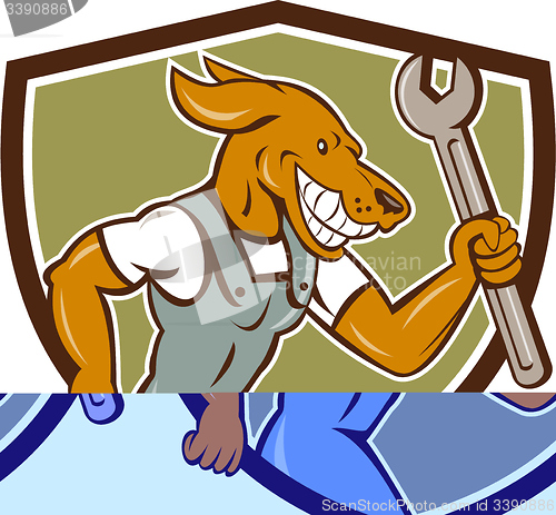 Image of Dog Mechanic Running With Spanner Crest Cartoon