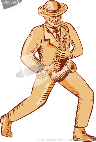 Image of Jazz Player Playing Saxophone Etching