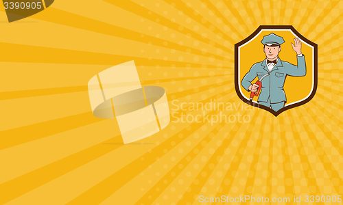 Image of Business card Gas Jockey Attendant Waving Shield Cartoon