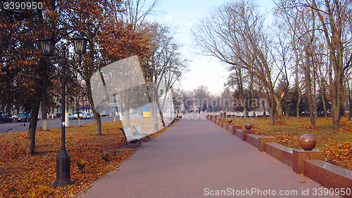 Image of benches and path in the Autumn city park 