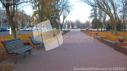 Image of benches and path in the Autumn city park 