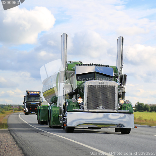 Image of Peterbilt 359 Semi Tank Truck 1971 on the Road