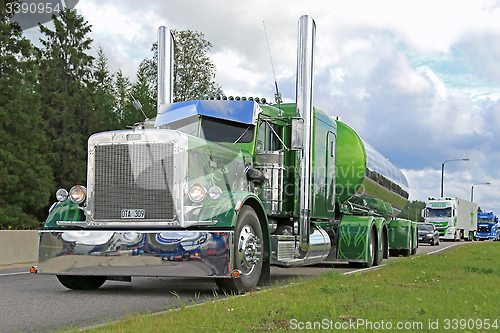 Image of Green Peterbilt 359 Semi Tank Truck 1971