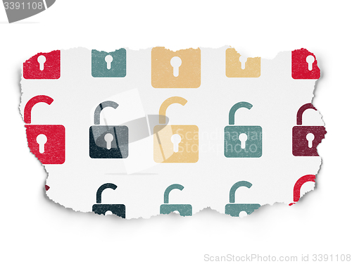 Image of Data concept: Opened Padlock icons on Torn Paper background