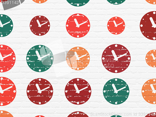Image of Time concept: Clock icons on wall background