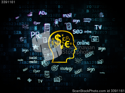 Image of Advertising concept: Head With Finance Symbol on Digital background