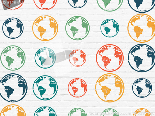 Image of Science concept: Globe icons on wall background