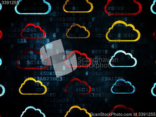 Image of Cloud computing concept: Cloud icons on Digital background