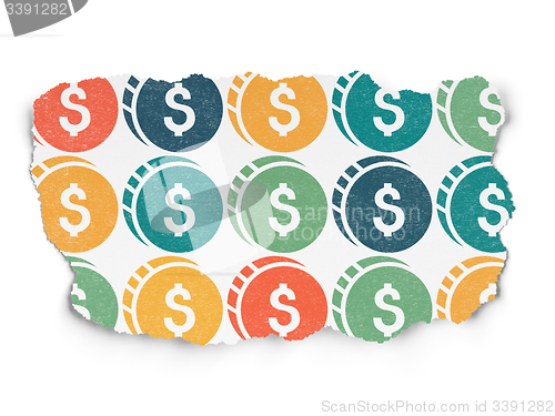 Image of Money concept: Dollar Coin icons on Torn Paper background