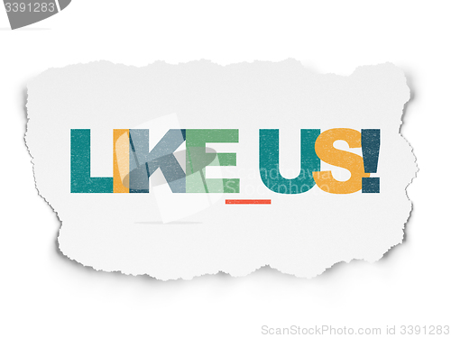 Image of Social network concept: Like us! on Torn Paper background