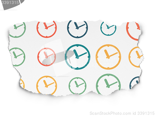 Image of Timeline concept: Clock icons on Torn Paper background