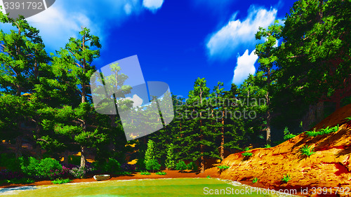 Image of Forested shore over ocean