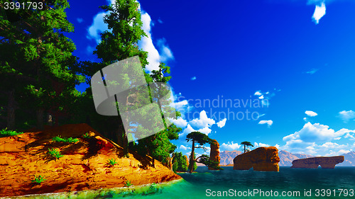 Image of Forested shore over ocean