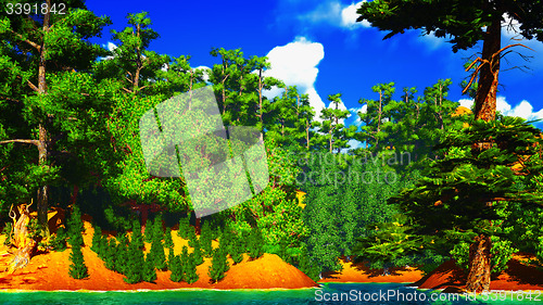 Image of Forested shore over ocean