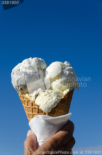 Image of Ice cream cone at blue sky