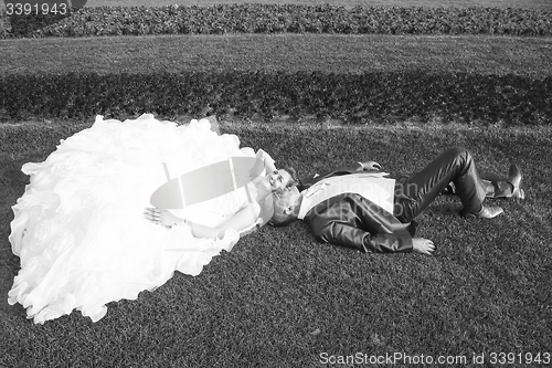 Image of Newlyweds posing on lawn black and white