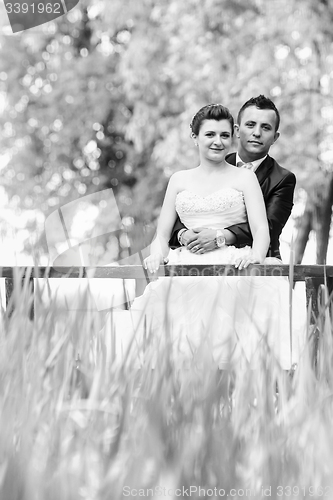 Image of Married couple on wooden bridge bw