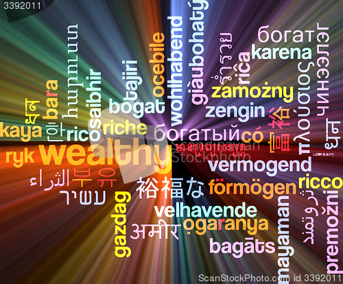 Image of Wealthy multilanguage wordcloud background concept glowing