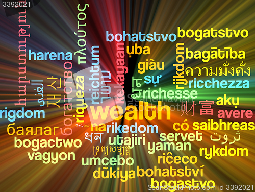 Image of Wealth multilanguage wordcloud background concept glowing