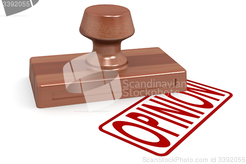 Image of Wooden stamp opinion with red text