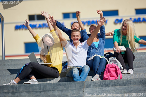 Image of students outside sitting on steps