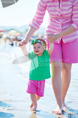 Image of mom and baby on beach  have fun