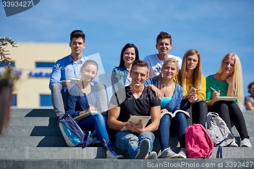 Image of students outside sitting on steps