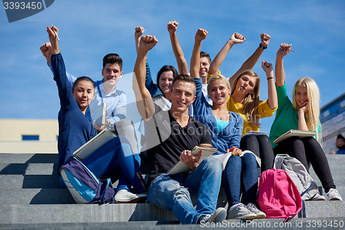 Image of students outside sitting on steps