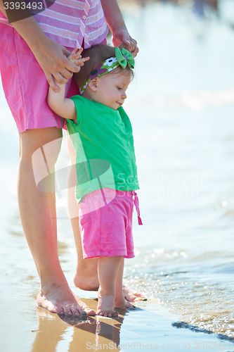 Image of mom and baby on beach  have fun