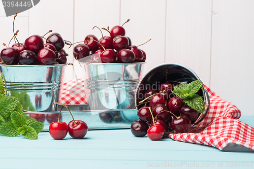 Image of Cherries in blue wooden table