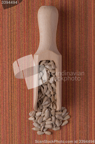 Image of Wooden scoop with shelled sunflower seeds