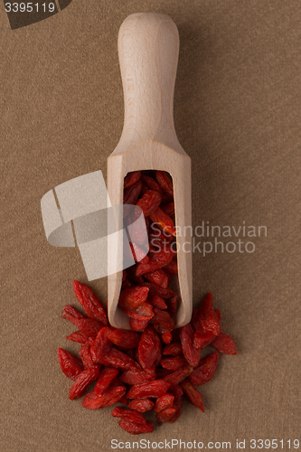 Image of Wooden scoop with dry red goji berries