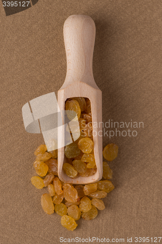 Image of Wooden scoop with golden raisins