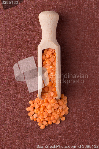 Image of Wooden scoop with  peeled lentils